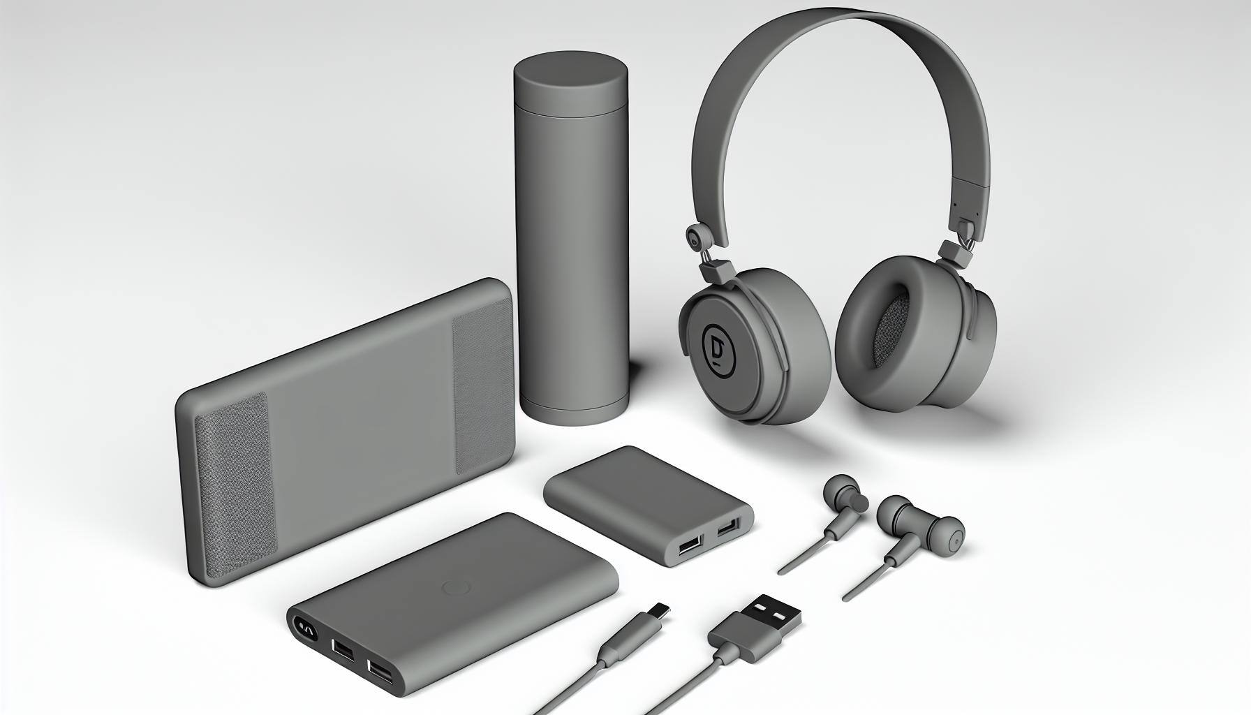 Artículos tecnológicos como powebank, audifonos, bocinas, color Gris minimalista en 3d con logo